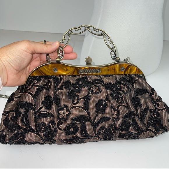 Vintage Inspired Black Gold Beaded Handbag Purse - Picture 8 of 17